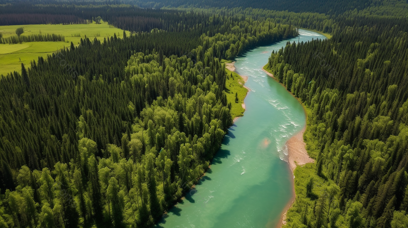 碧绿的河水将茂密的森林分隔成两块区域,高清,摄影图,摄影图片,图片大全,摄影图免费下载